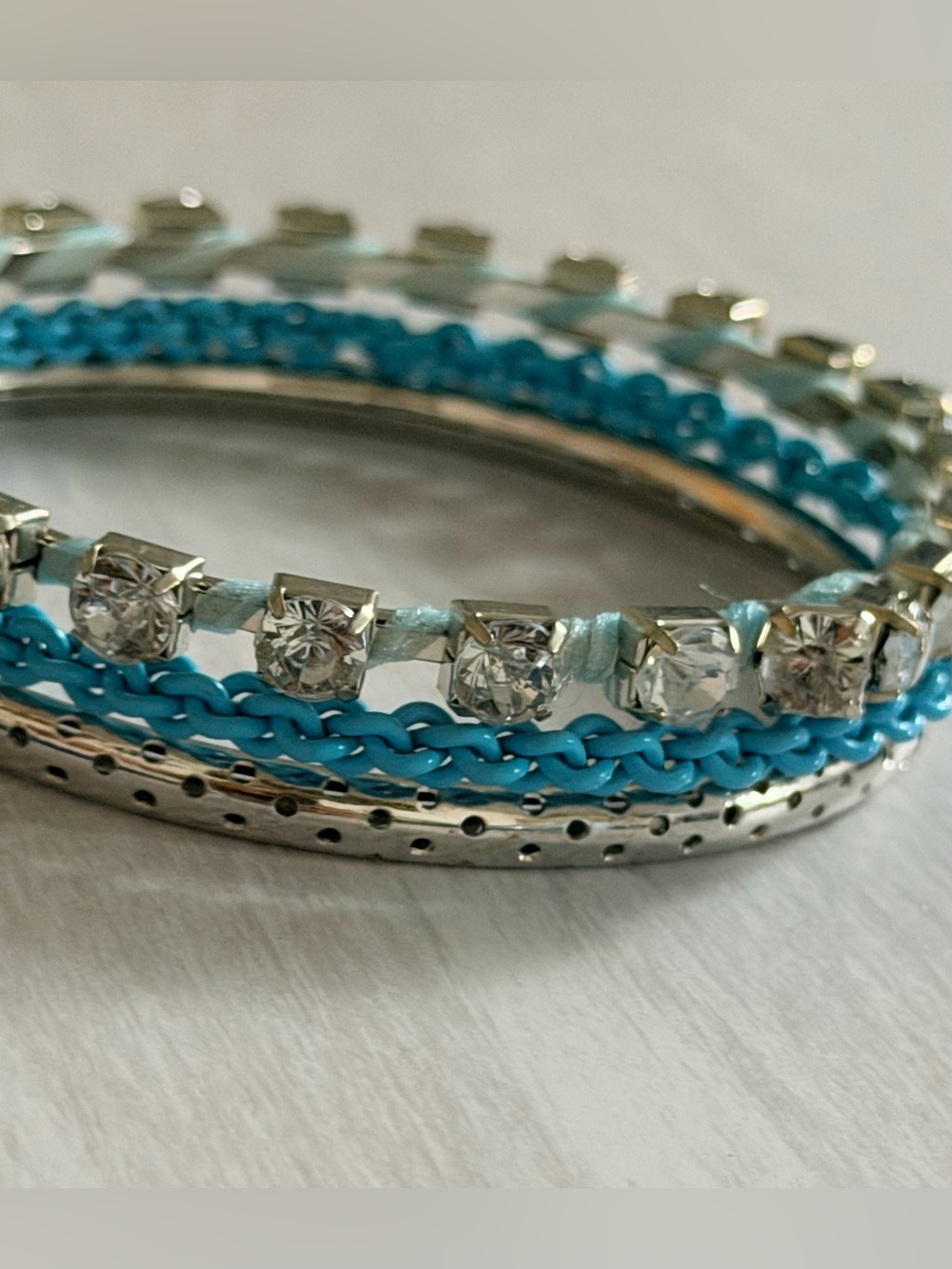 Stacked 3 Silver Blue Satin Wrapped Rhinestone Women's Bangle Bracelets